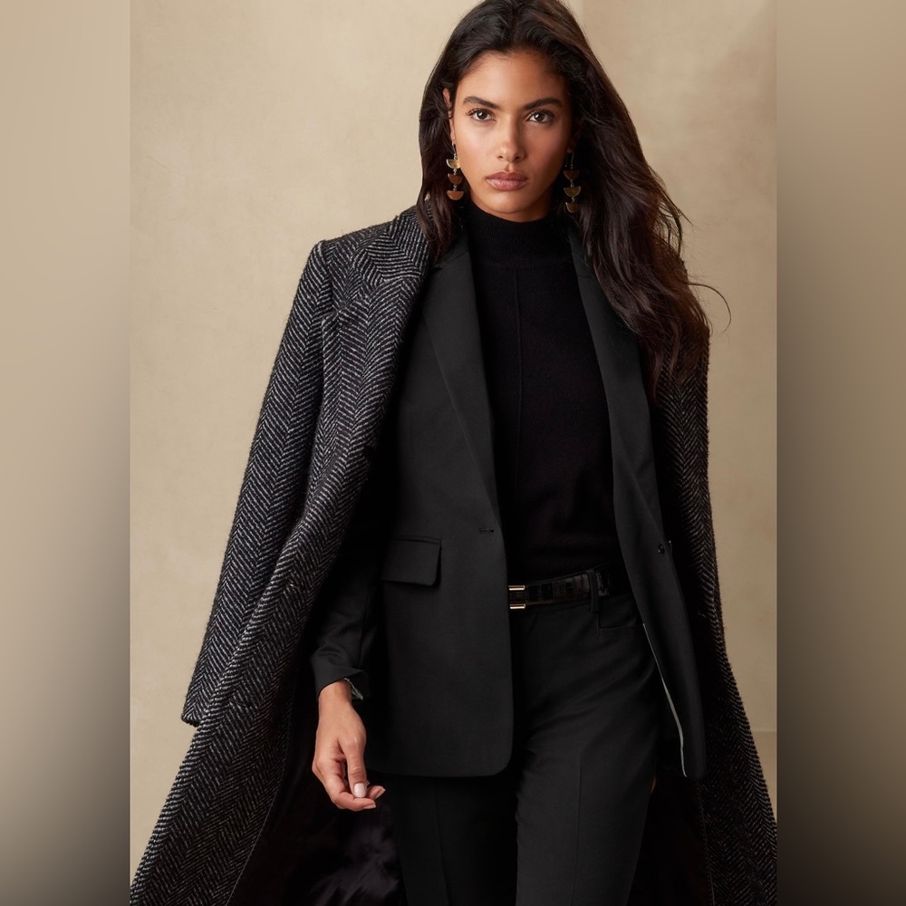 Zara Women’s Oversized Wool Blend Herringbone Grey Winter Trench Coat (XS)